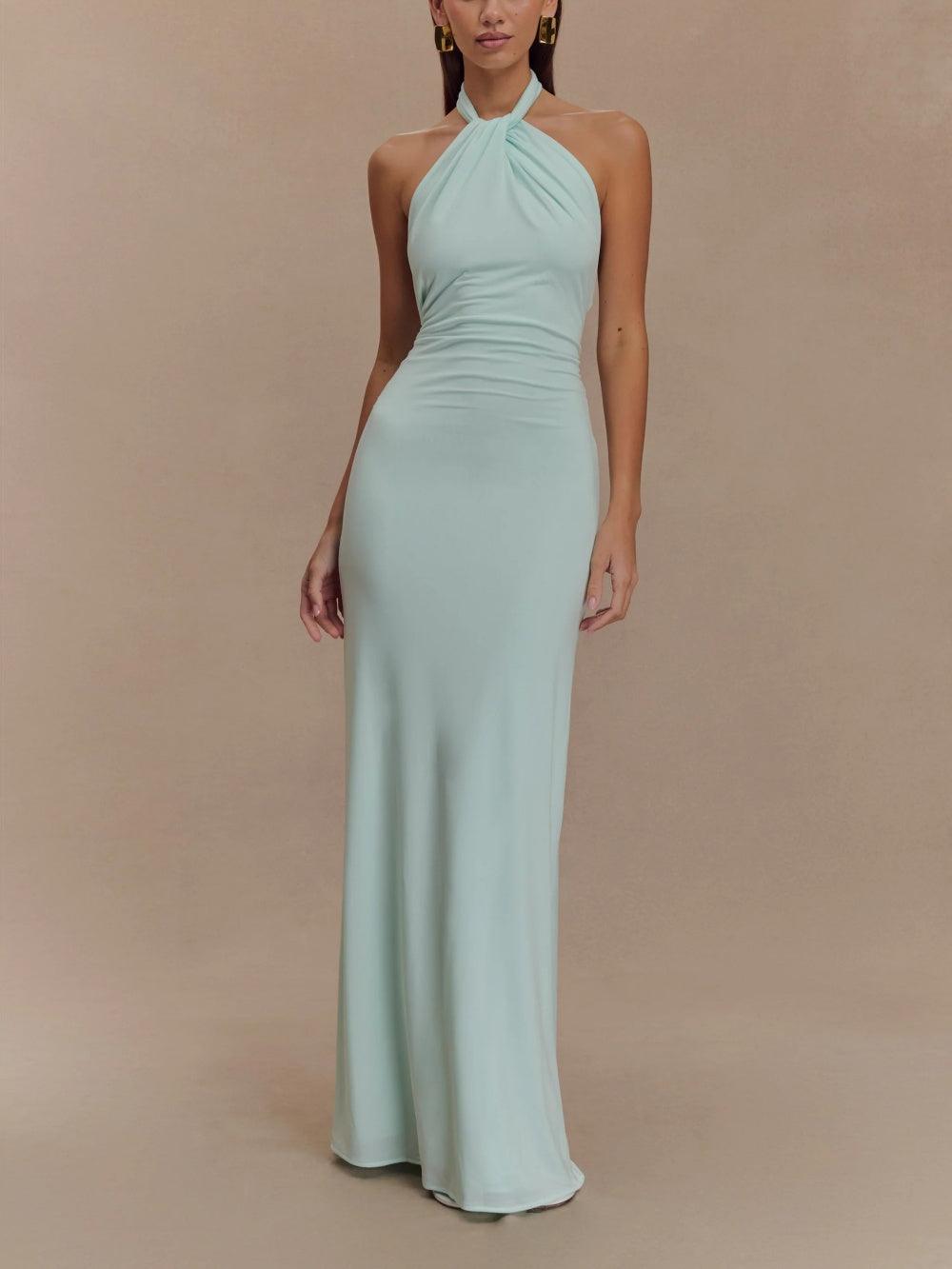 Maxi dress with halter neckline ruched details and low back