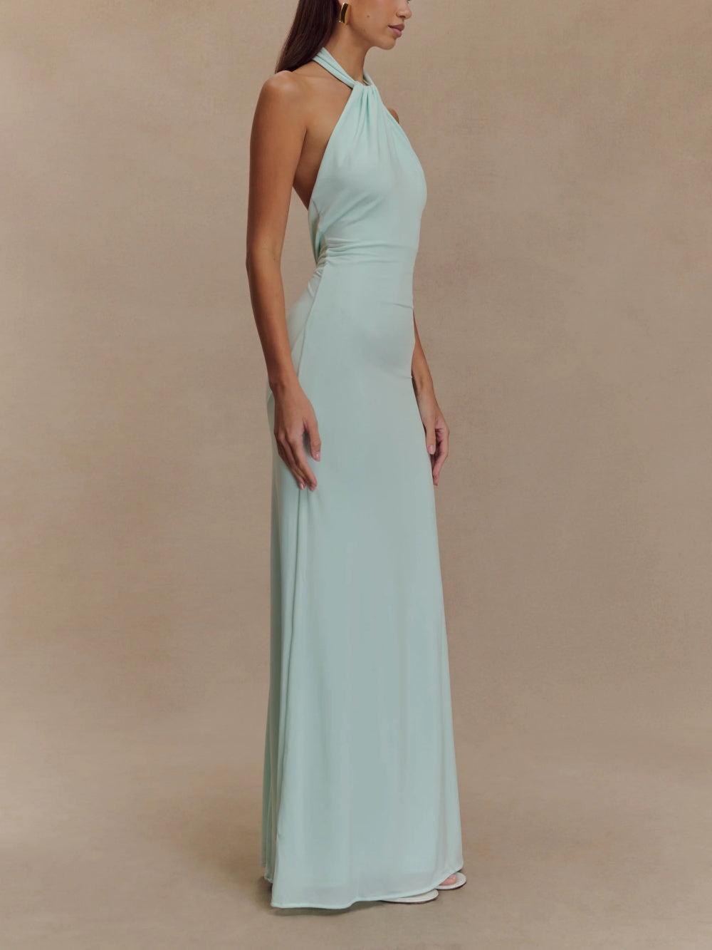 Maxi dress with halter neckline ruched details and low back