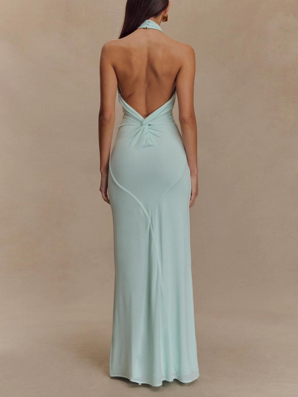 Maxi dress with halter neckline ruched details and low back