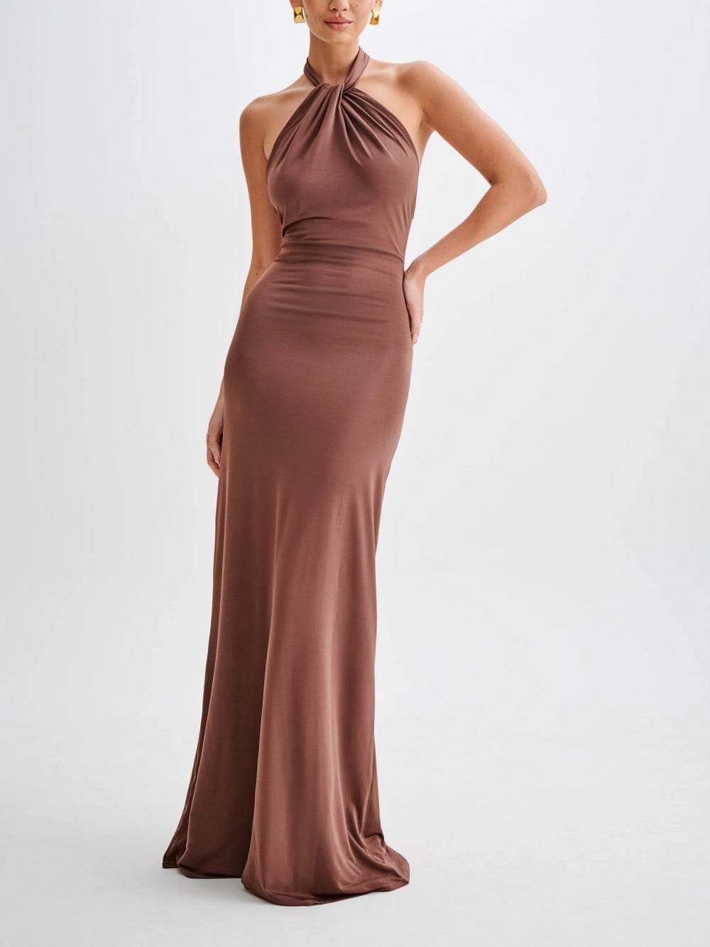 Maxi dress with halter neckline ruched details and low back