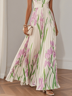 Maxi dress with pleated design and floral pattern sleeveless square neckline