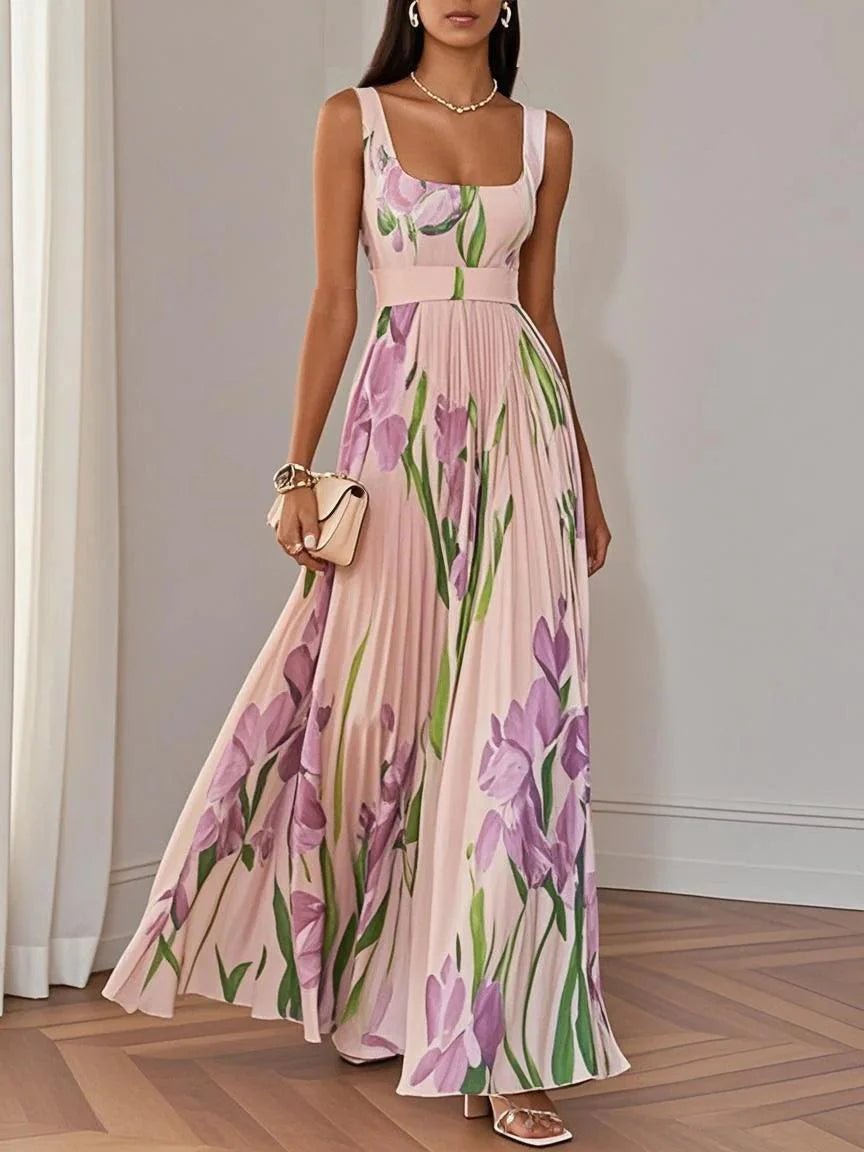 Maxi dress with pleated design and floral pattern sleeveless square neckline