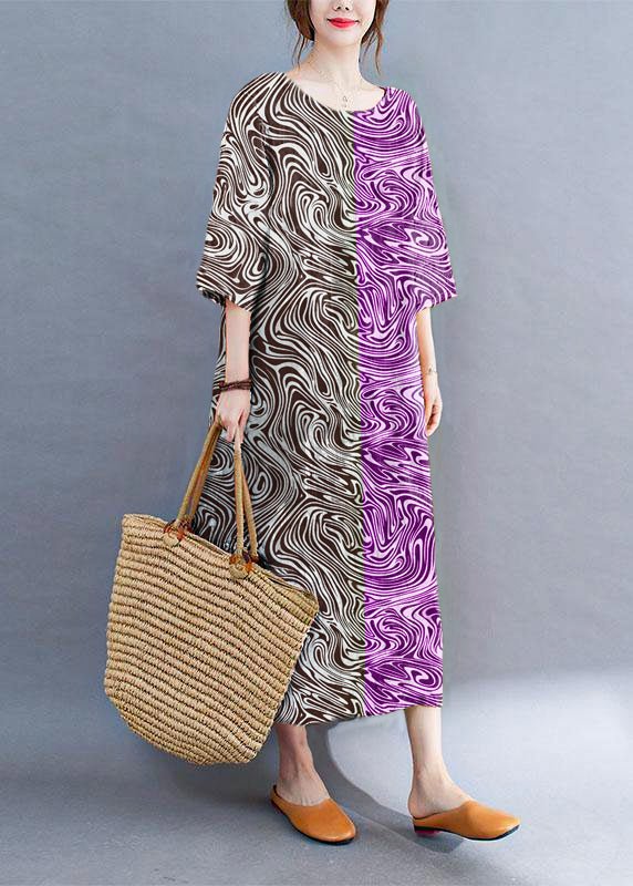 Summer dress with color block print round neckline and side slit