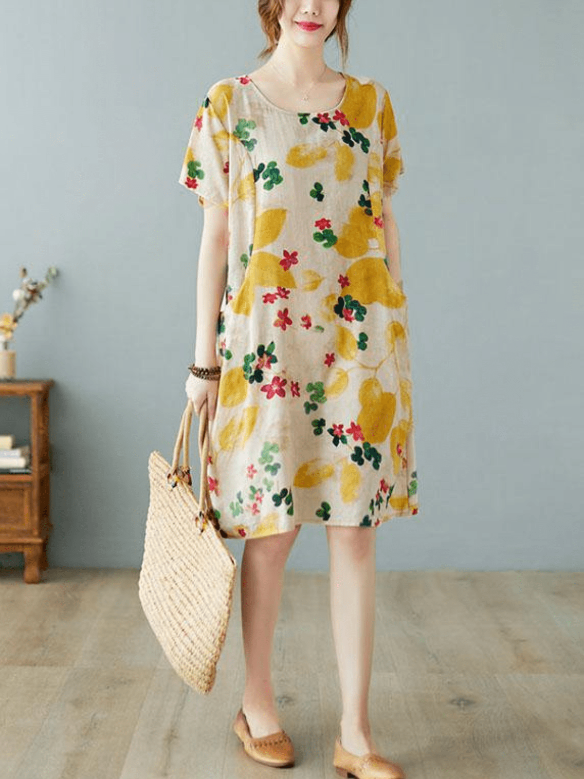 Summer dress with round neckline print cotton linen blend