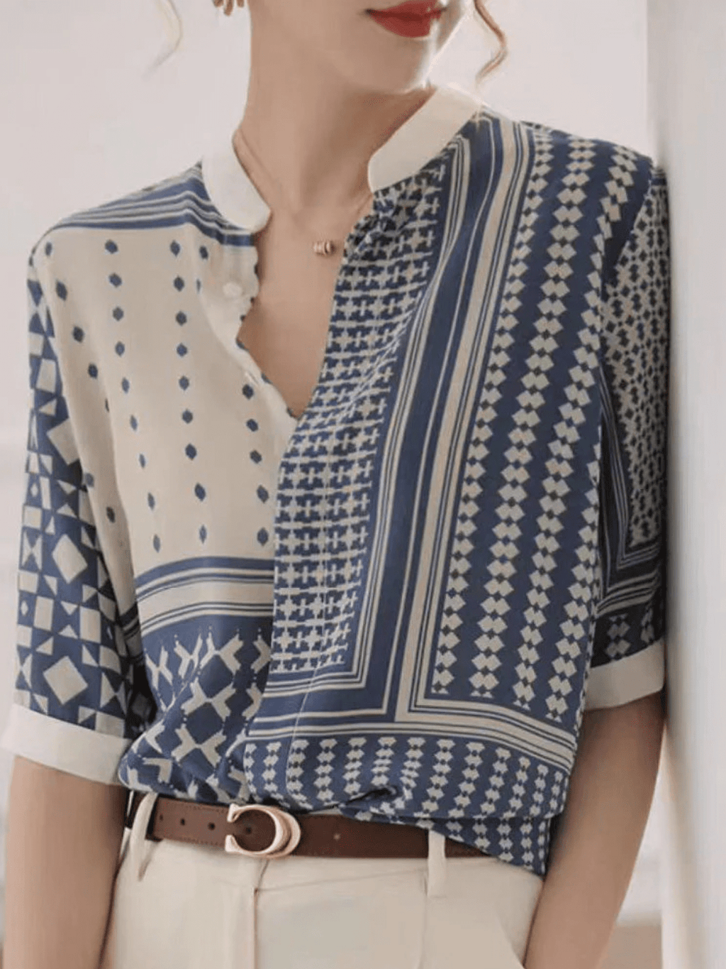 Chiffon shirt with stand collar striped print and button closure