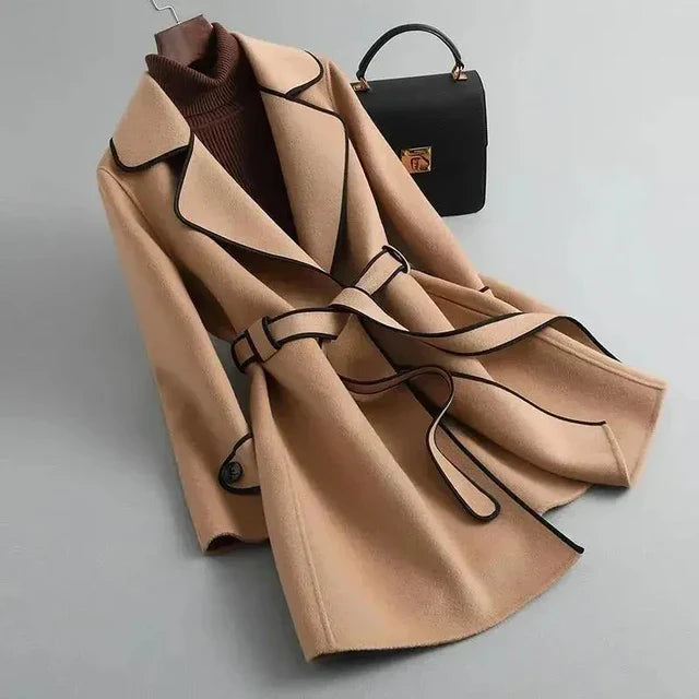 Women’s Wool Belted Coat – Elegant Tailored Wrap Overcoat for Autumn & Winter