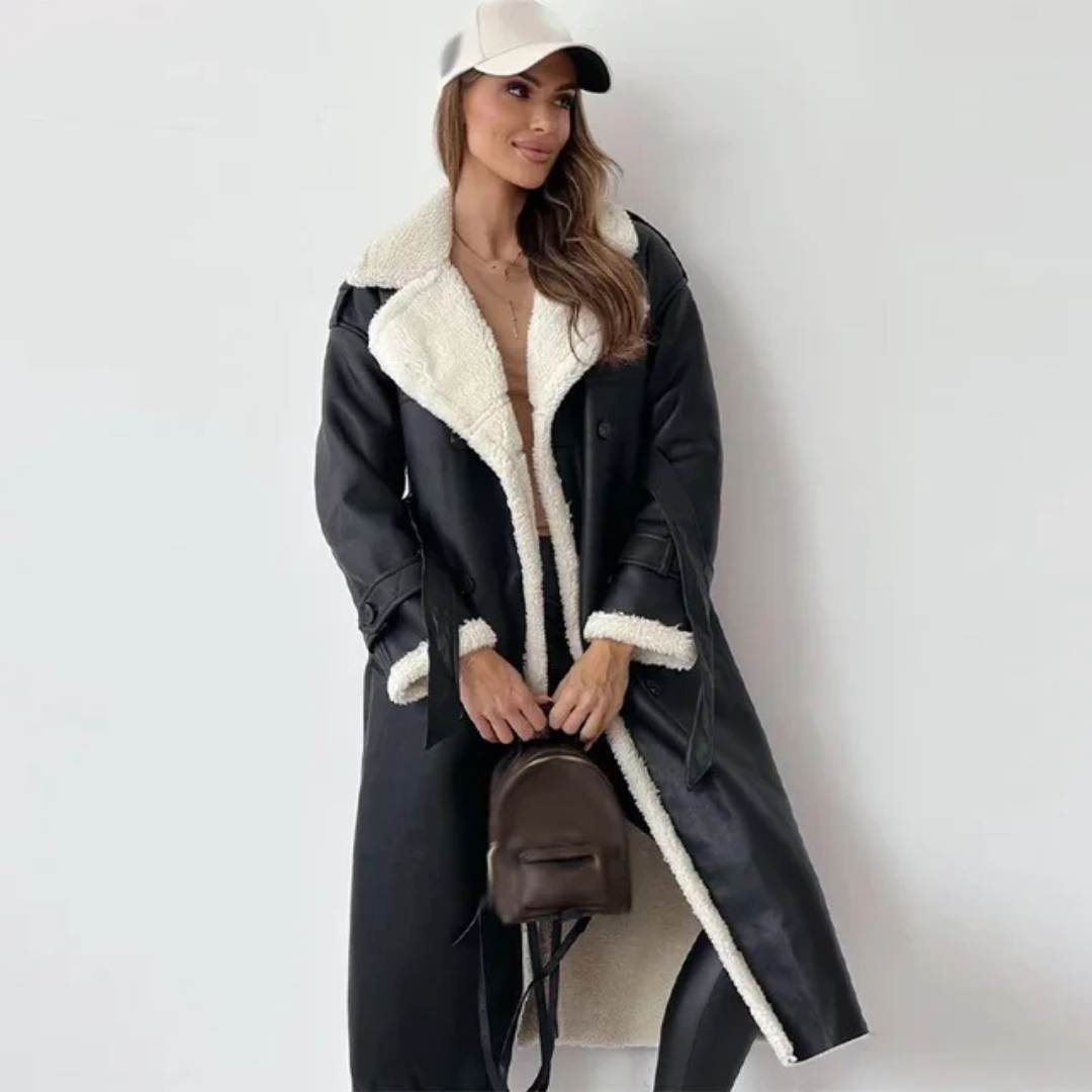 Women’s Shearling-Lined Faux Leather Coat – Long Warm Winter Jacket