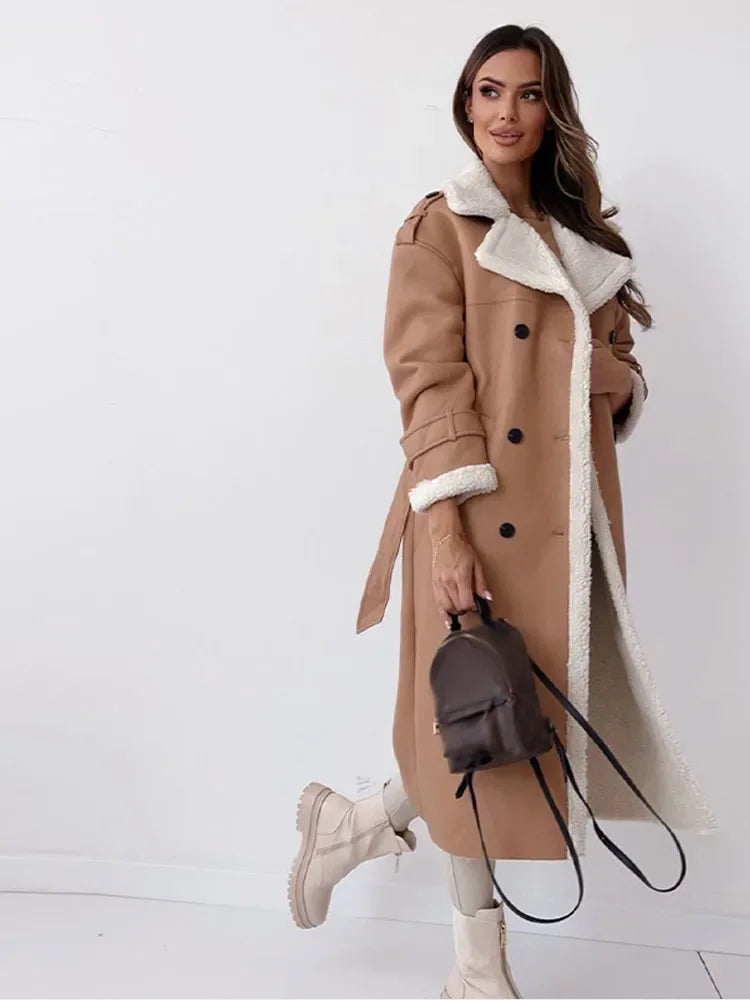 Women’s Shearling-Lined Faux Leather Coat – Long Warm Winter Jacket
