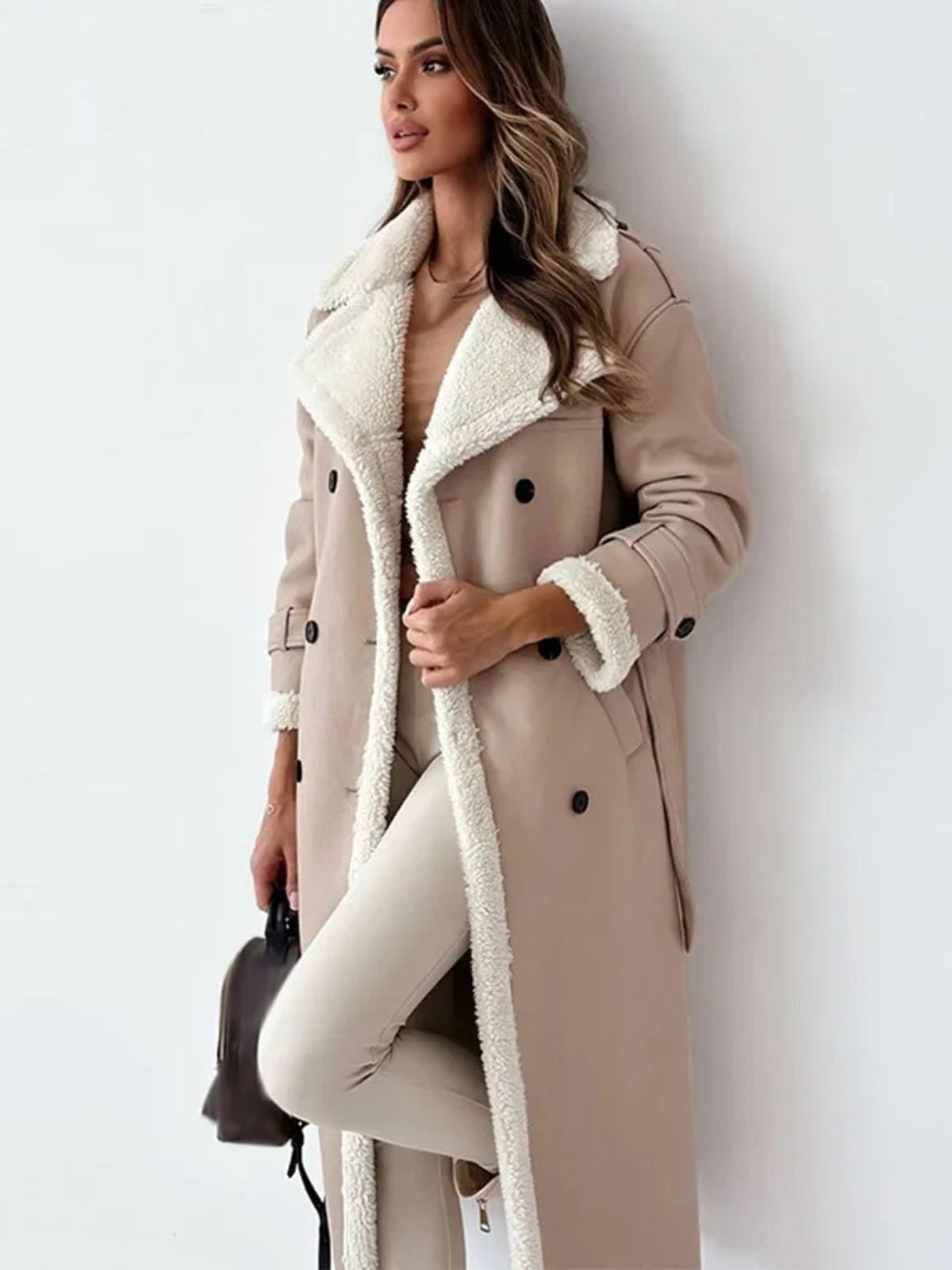 Women’s Shearling-Lined Faux Leather Coat – Long Warm Winter Jacket