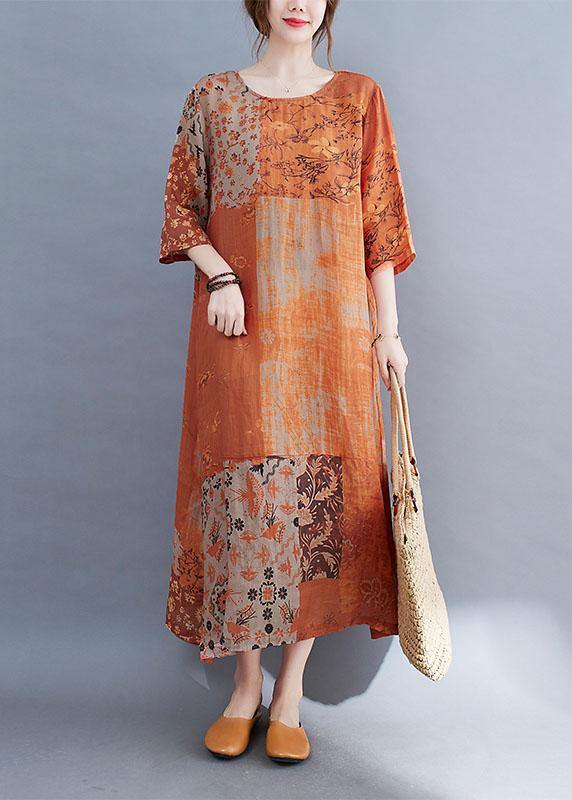 Summer dress with color block print round neckline and side slit