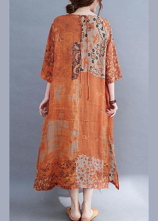 Summer dress with color block print round neckline and side slit