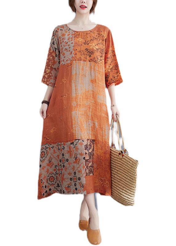 Summer dress with color block print round neckline and side slit