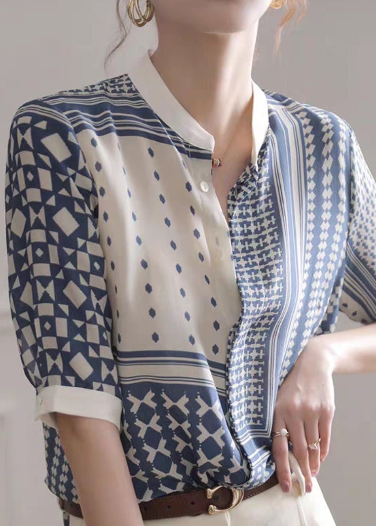 Chiffon shirt with stand collar striped print and button closure