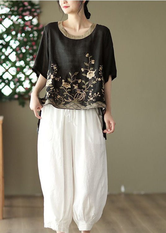 Linen top with embroidery low high hem and short sleeves
