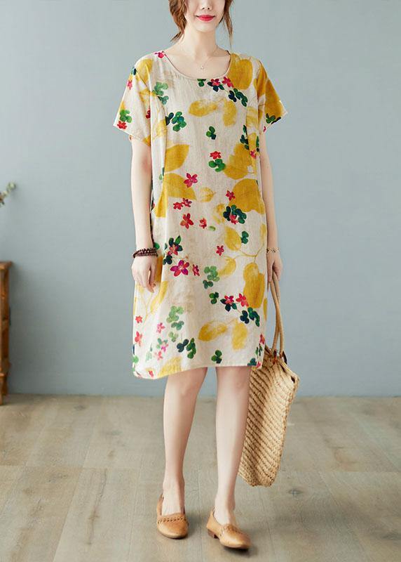 Summer dress with round neckline print cotton linen blend