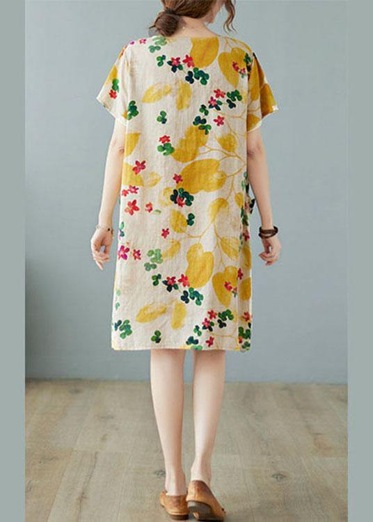 Summer dress with round neckline print cotton linen blend