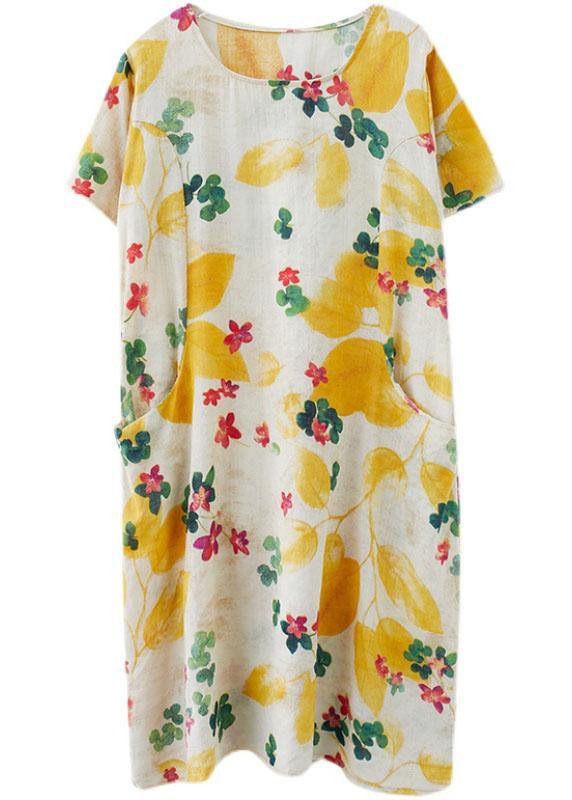 Summer dress with round neckline print cotton linen blend