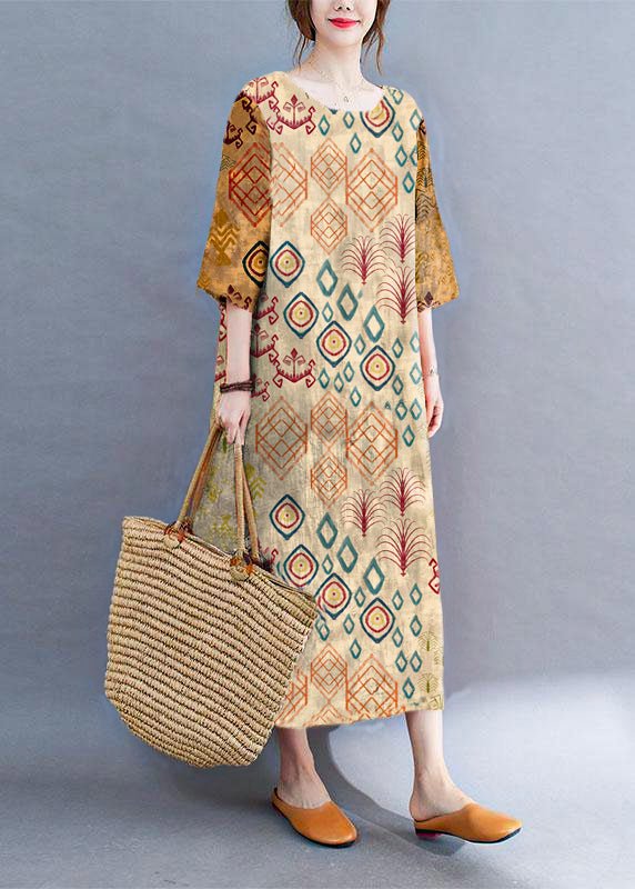 Summer dress with color block print round neckline and side slit
