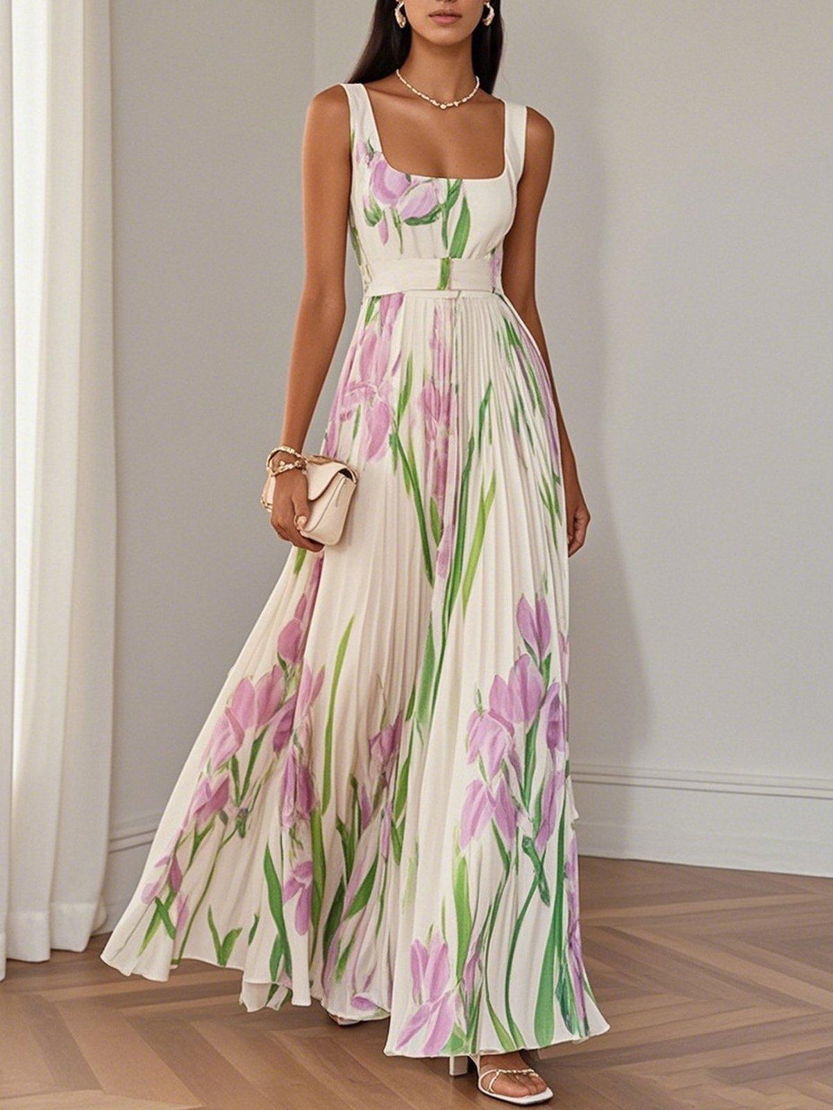 Maxi dress with pleated design and floral pattern sleeveless square neckline