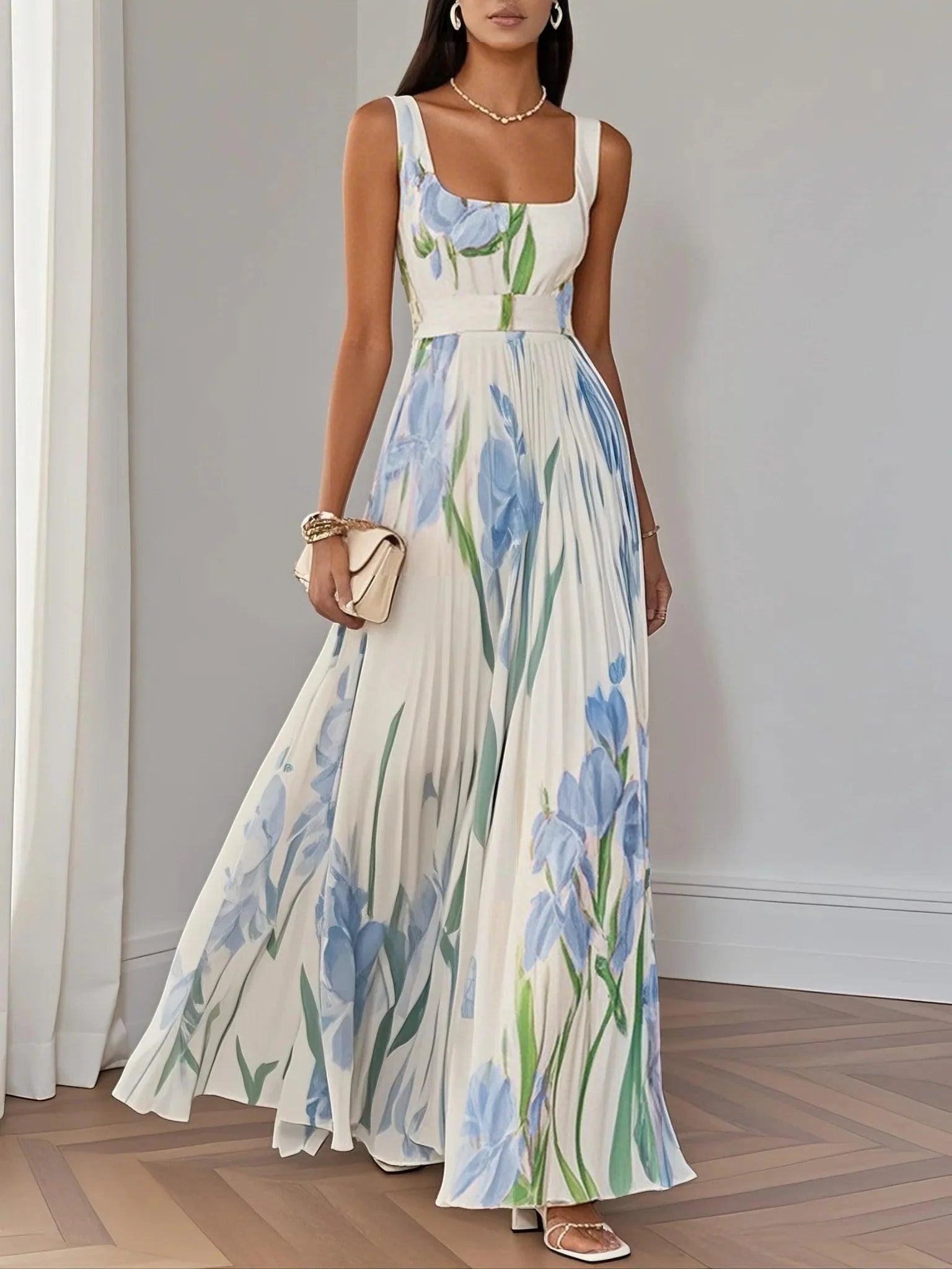 Maxi dress with pleated design and floral pattern sleeveless square neckline